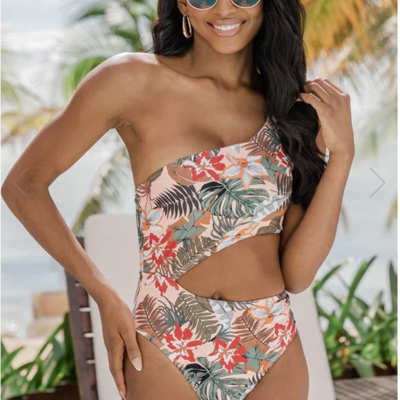 NWOT PINK LILY ONE SHOULDER CUTOUT ONE PIECE SWIMSUIT - Picture 2 of 2